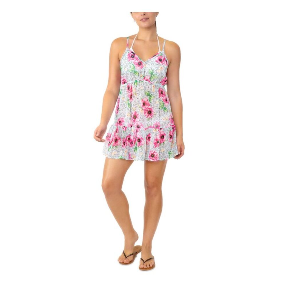 MIKEN Women's Light Blue Sheer Ruffled Elastic-Waist Swimsuit Cover Up XS